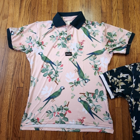 Albatros Partner Mens Performance Golf Polos Size Large Pink Green Birds Parrot - Picture 2 of 11